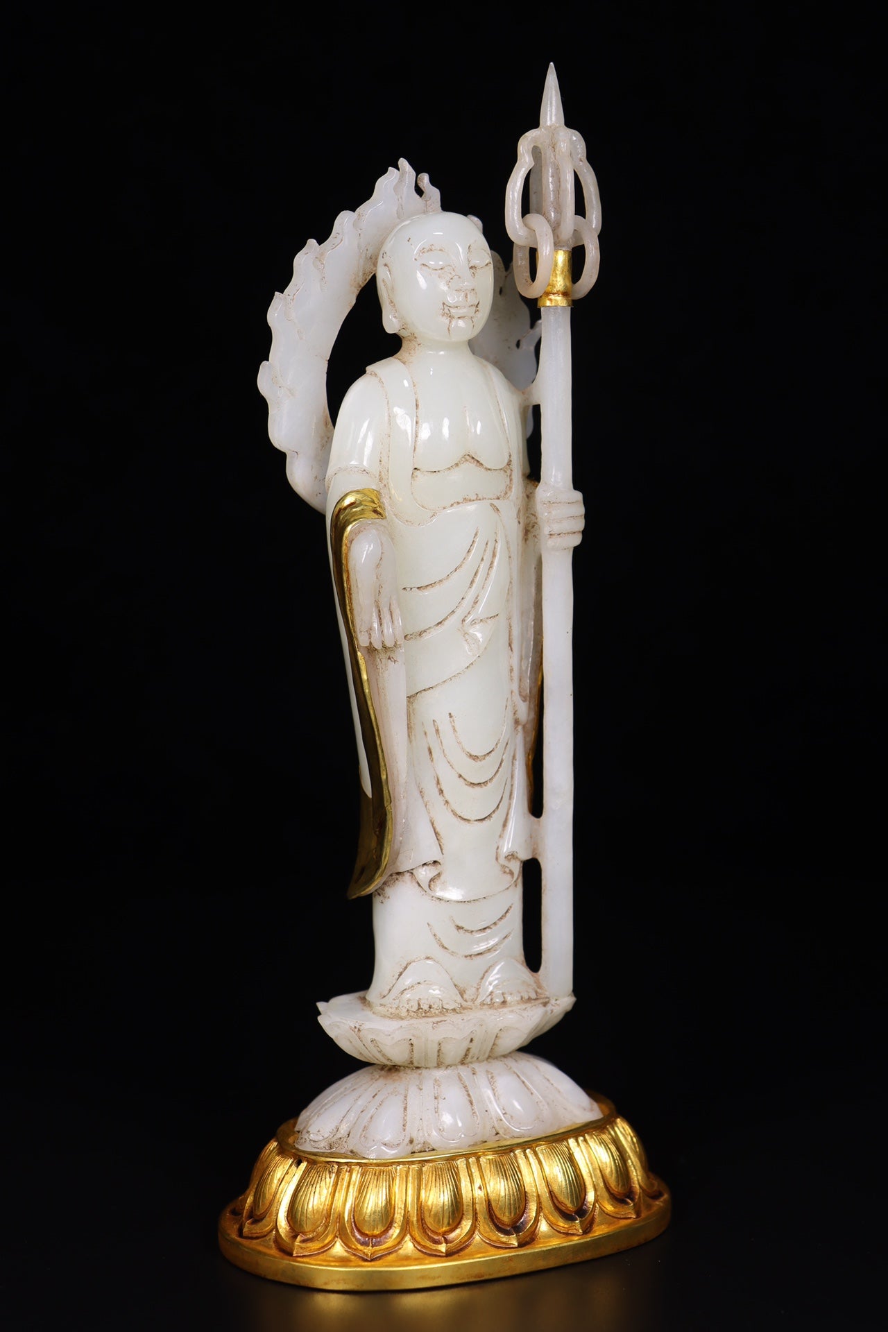 A0520 Superb Old Chinese Inlaying Copper Edge Hetian Jade Ksitigarbha Statue