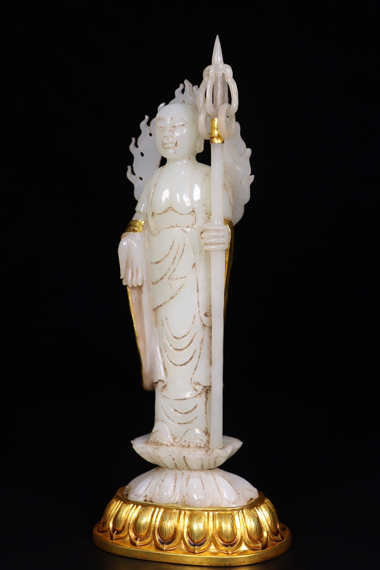 A0520 Superb Old Chinese Inlaying Copper Edge Hetian Jade Ksitigarbha Statue
