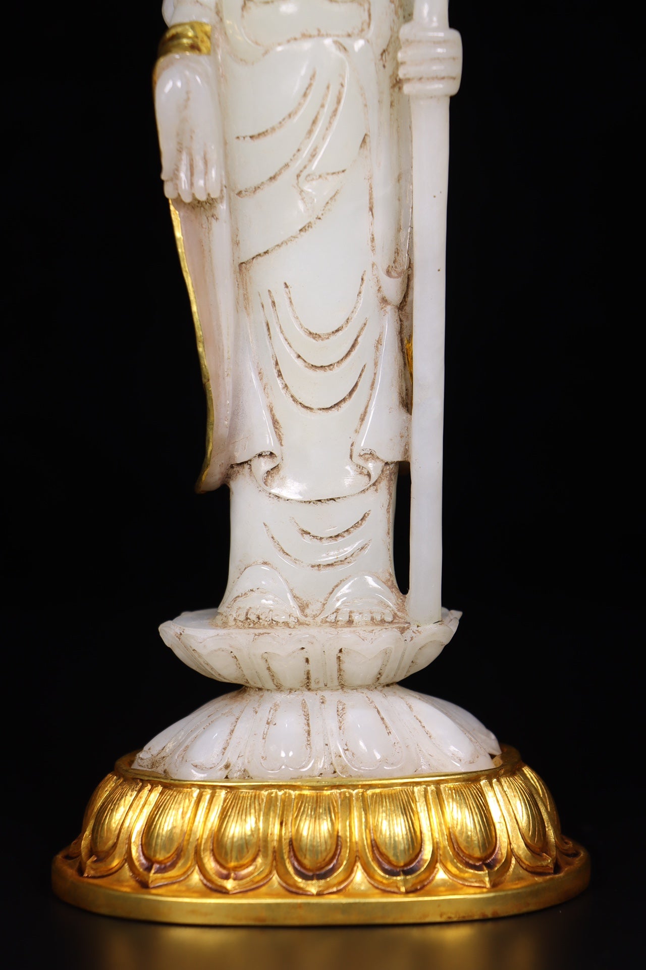 A0520 Superb Old Chinese Inlaying Copper Edge Hetian Jade Ksitigarbha Statue