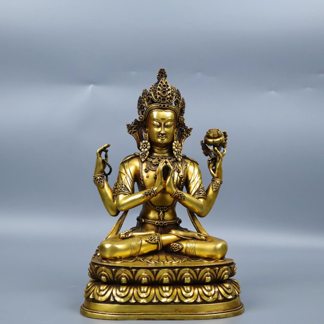 A0522 Tibetan Buddhism Gilt Gold Copper Four Arm Kwan-yin Statue