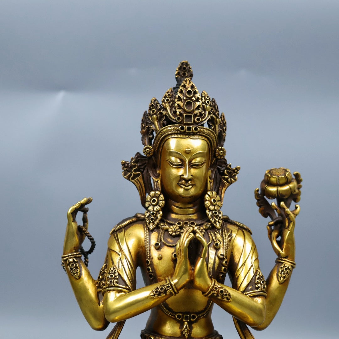 A0522 Tibetan Buddhism Gilt Gold Copper Four Arm Kwan-yin Statue