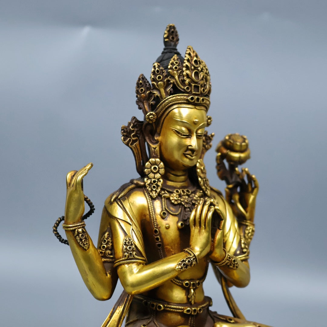 A0522 Tibetan Buddhism Gilt Gold Copper Four Arm Kwan-yin Statue