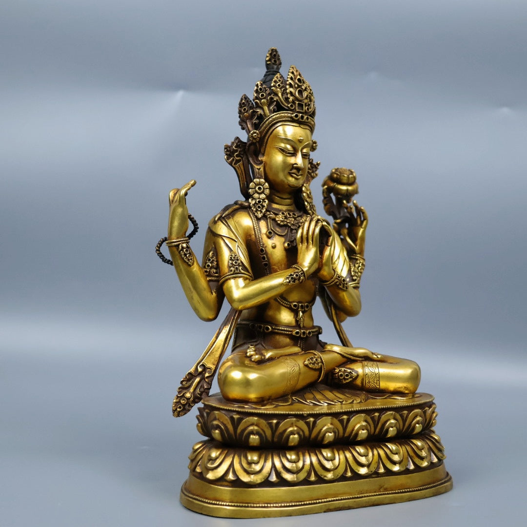 A0522 Tibetan Buddhism Gilt Gold Copper Four Arm Kwan-yin Statue