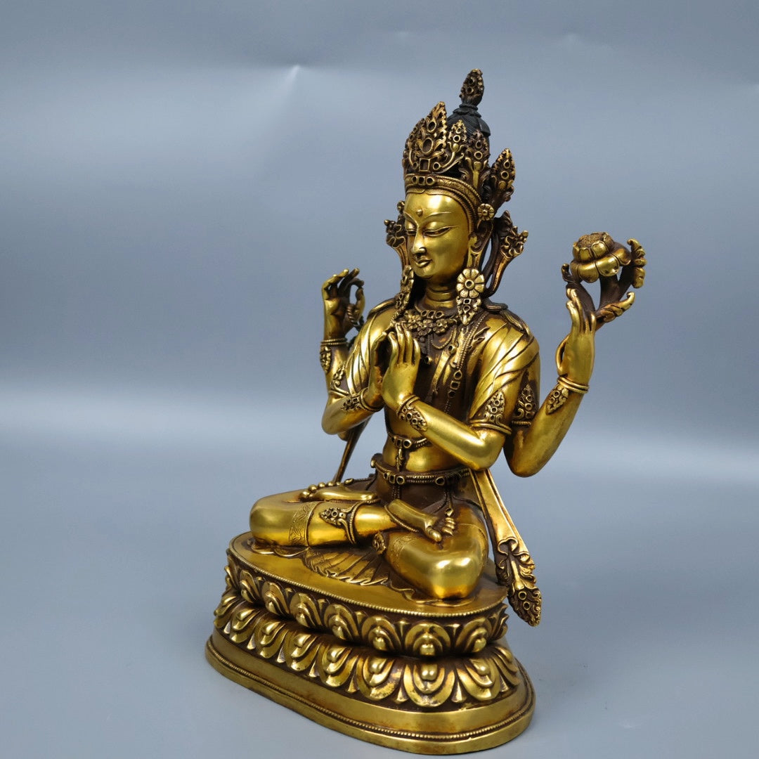 A0522 Tibetan Buddhism Gilt Gold Copper Four Arm Kwan-yin Statue