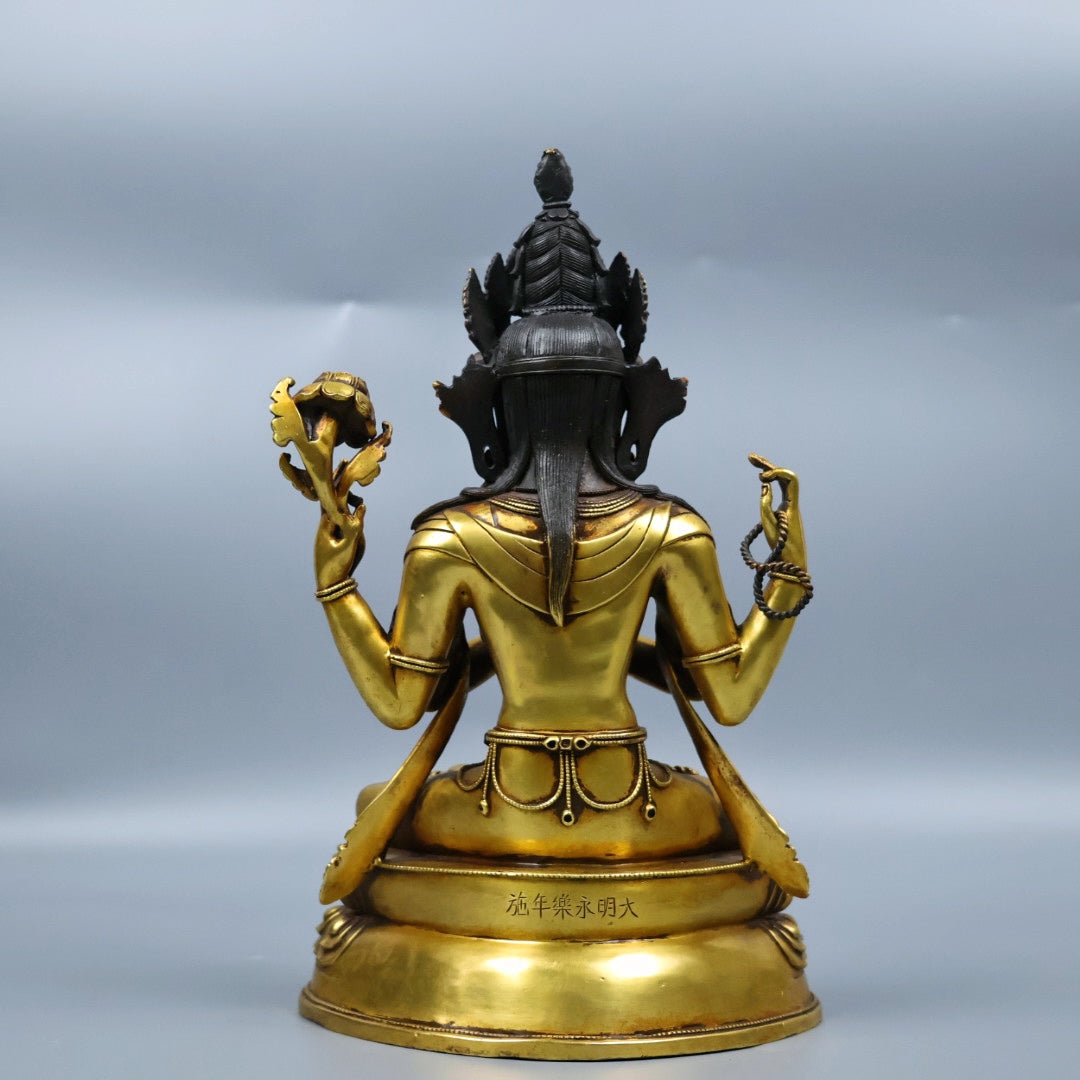 A0522 Tibetan Buddhism Gilt Gold Copper Four Arm Kwan-yin Statue