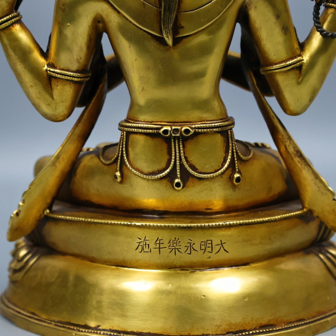 A0522 Tibetan Buddhism Gilt Gold Copper Four Arm Kwan-yin Statue