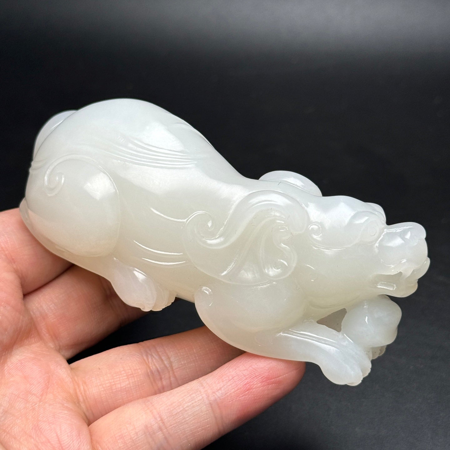 A0523 Superb Chinese White Hetian Jade Hand Carved Fortune Dog Statue