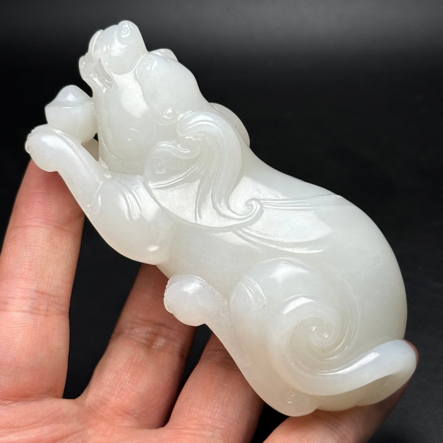 A0523 Superb Chinese White Hetian Jade Hand Carved Fortune Dog Statue