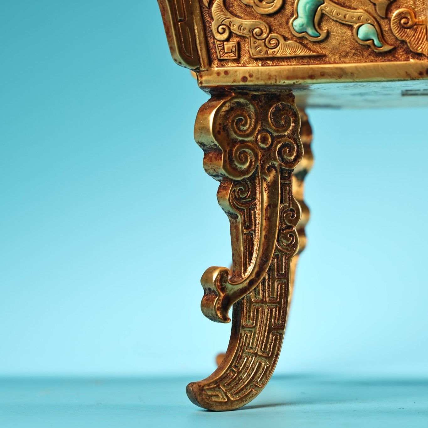 A0529 Chinese Gilt Gold Copper Inlay Turquoise Double Ears Incense Burner - Ding
