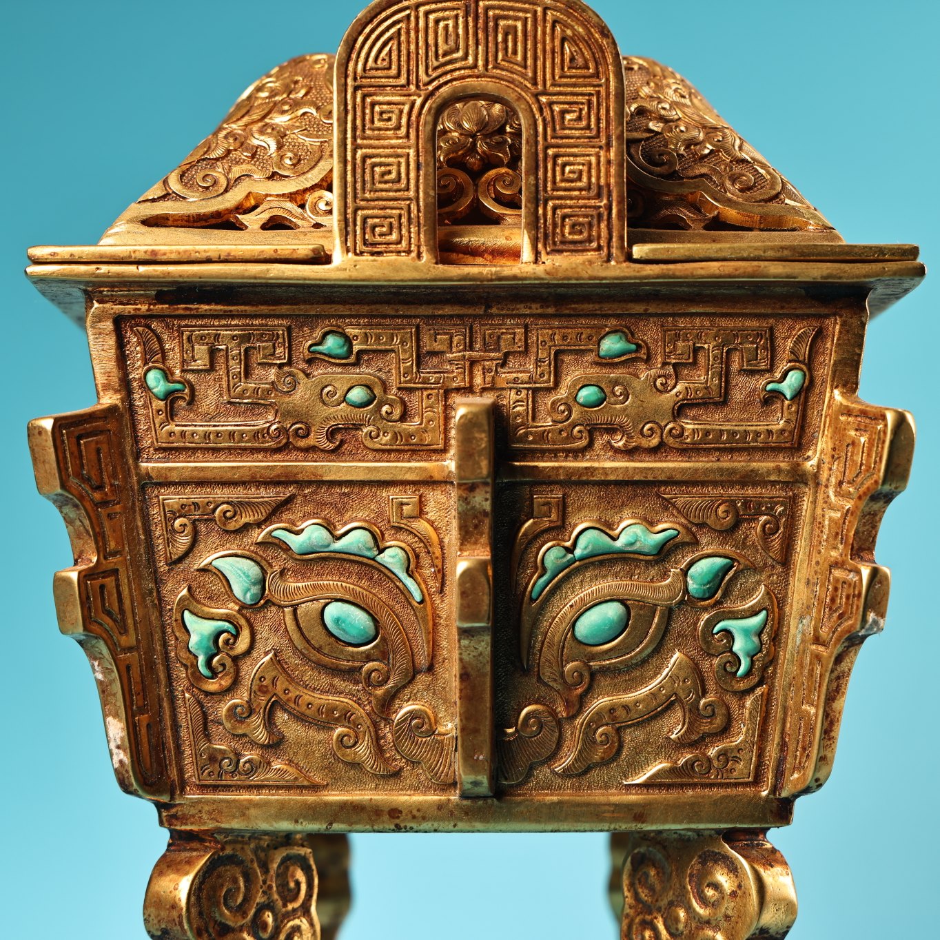 A0529 Chinese Gilt Gold Copper Inlay Turquoise Double Ears Incense Burner - Ding