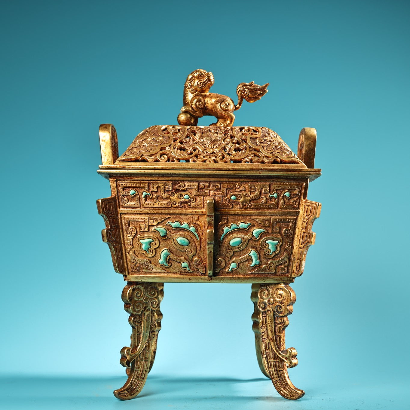 A0529 Chinese Gilt Gold Copper Inlay Turquoise Double Ears Incense Burner - Ding