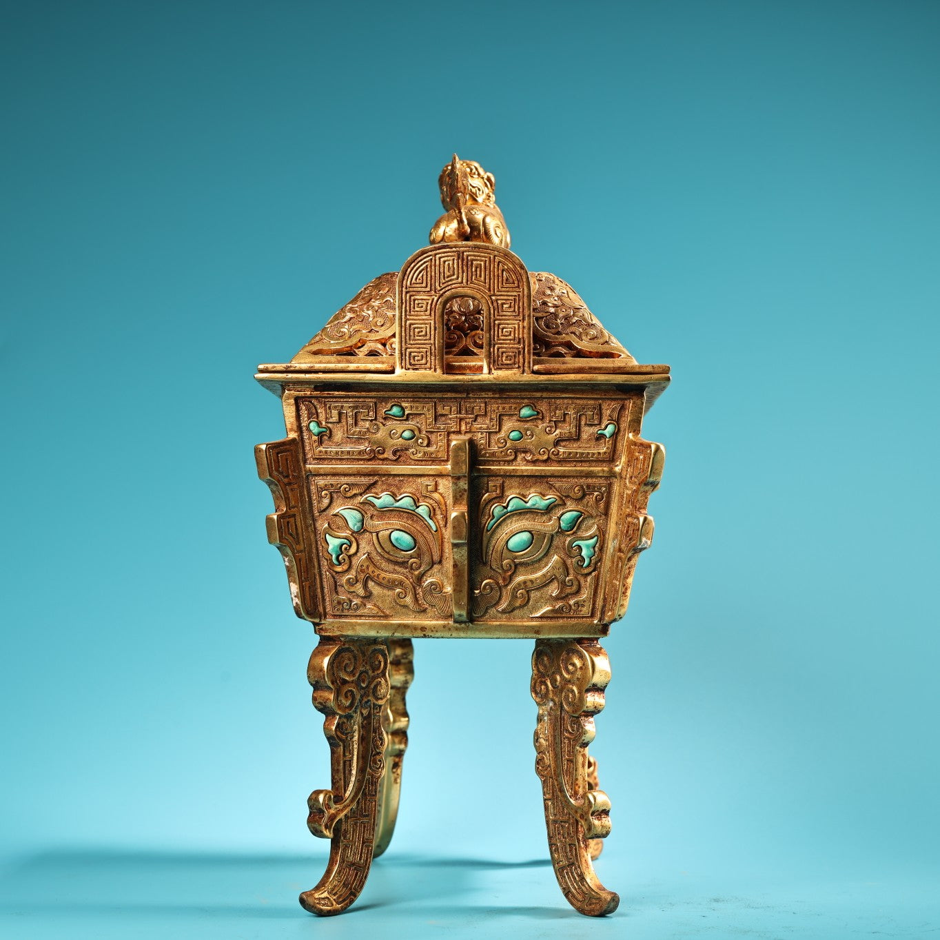 A0529 Chinese Gilt Gold Copper Inlay Turquoise Double Ears Incense Burner - Ding
