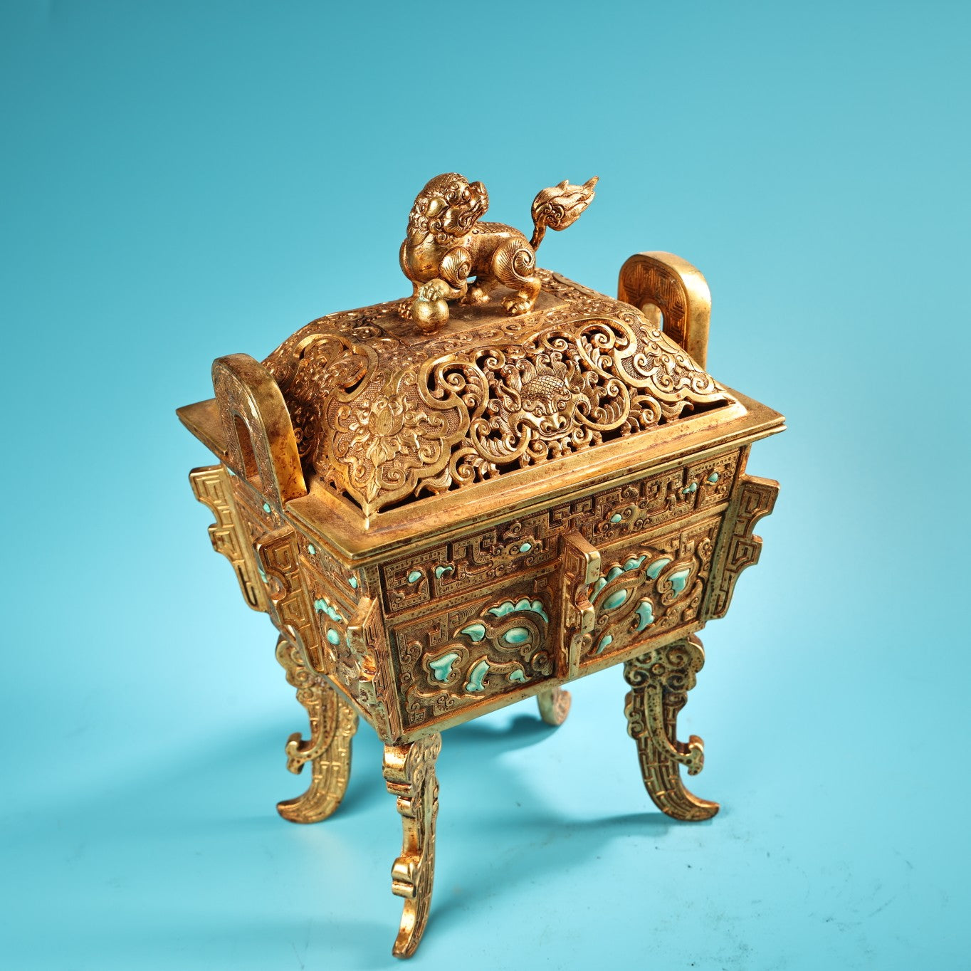 A0529 Chinese Gilt Gold Copper Inlay Turquoise Double Ears Incense Burner - Ding