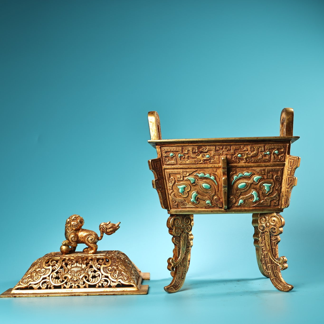A0529 Chinese Gilt Gold Copper Inlay Turquoise Double Ears Incense Burner - Ding