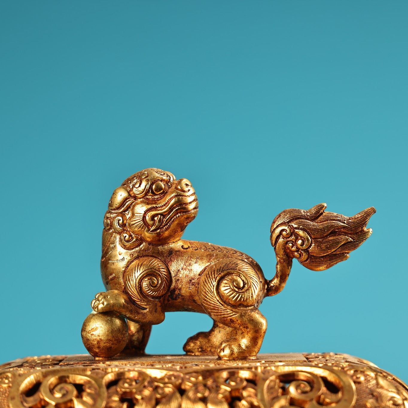 A0529 Chinese Gilt Gold Copper Inlay Turquoise Double Ears Incense Burner - Ding