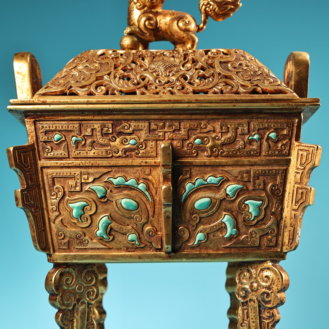 A0529 Chinese Gilt Gold Copper Inlay Turquoise Double Ears Incense Burner - Ding