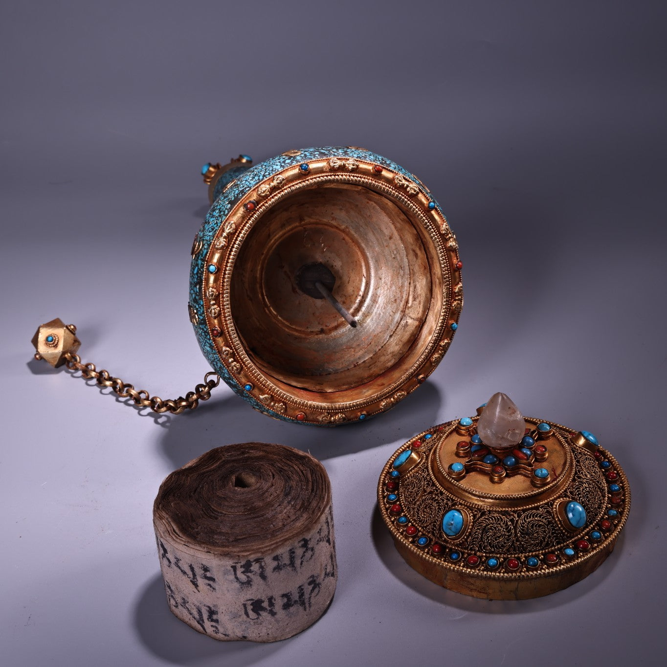A0532 Tibetan Buddhism Gold Wires Inlay Crystal & Turquoise Prayer Wheel