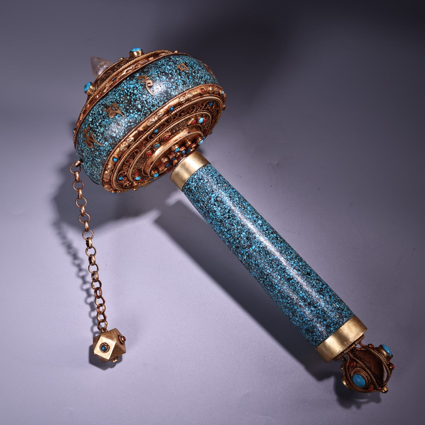 A0532 Tibetan Buddhism Gold Wires Inlay Crystal & Turquoise Prayer Wheel