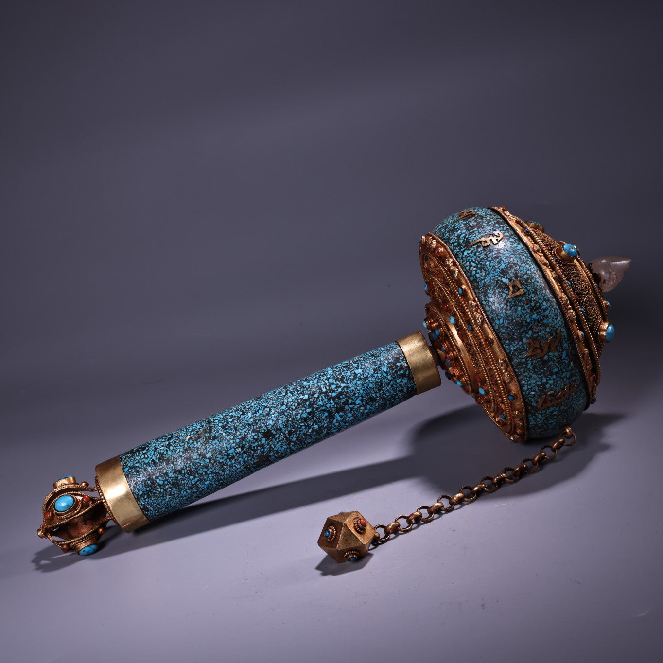 A0532 Tibetan Buddhism Gold Wires Inlay Crystal & Turquoise Prayer Wheel