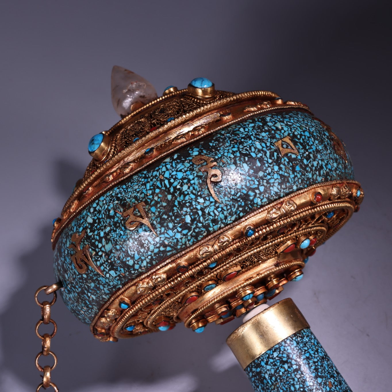 A0532 Tibetan Buddhism Gold Wires Inlay Crystal & Turquoise Prayer Wheel