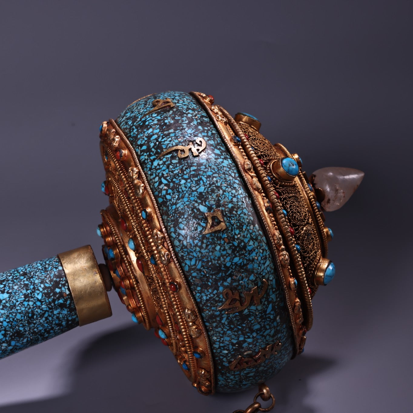 A0532 Tibetan Buddhism Gold Wires Inlay Crystal & Turquoise Prayer Wheel