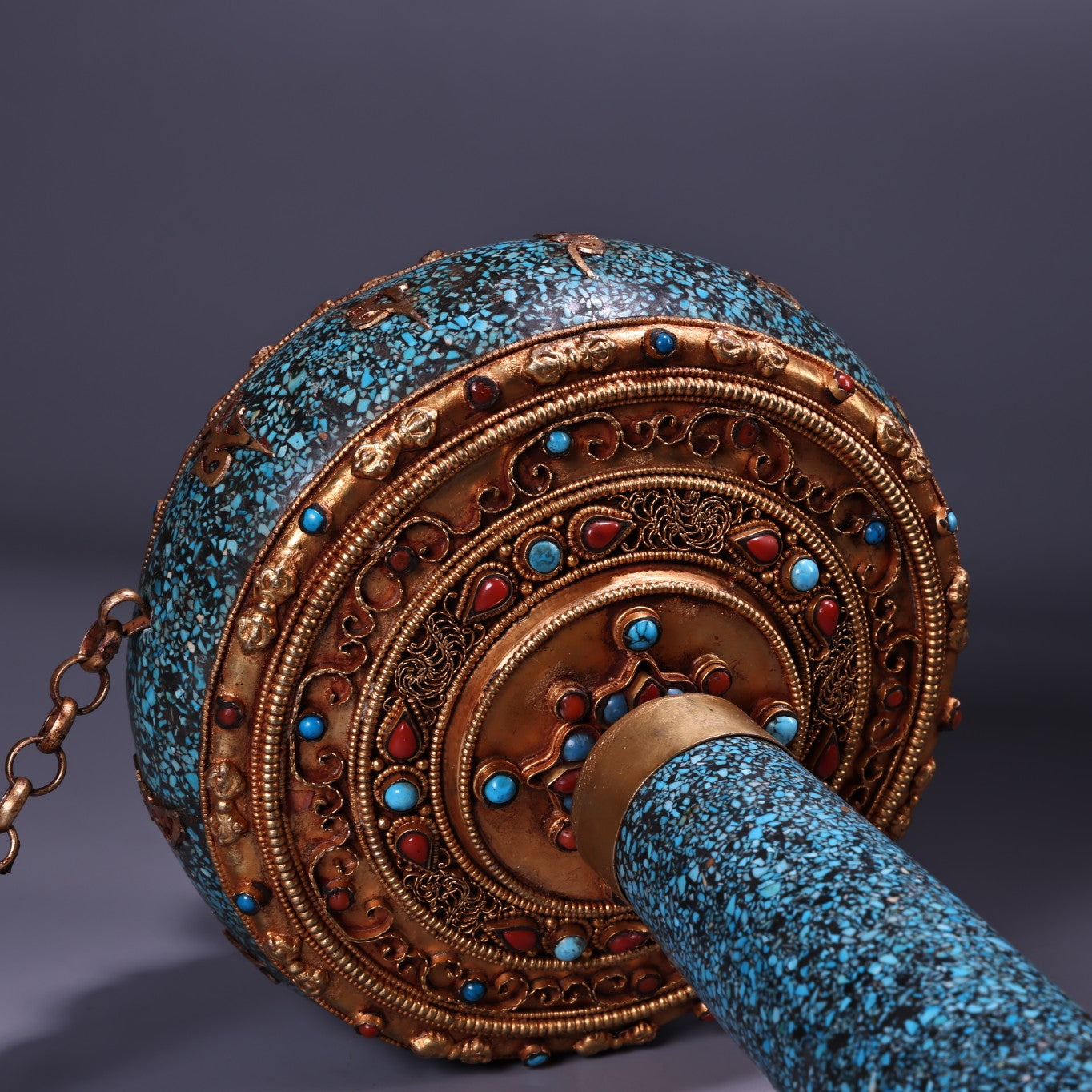A0532 Tibetan Buddhism Gold Wires Inlay Crystal & Turquoise Prayer Wheel