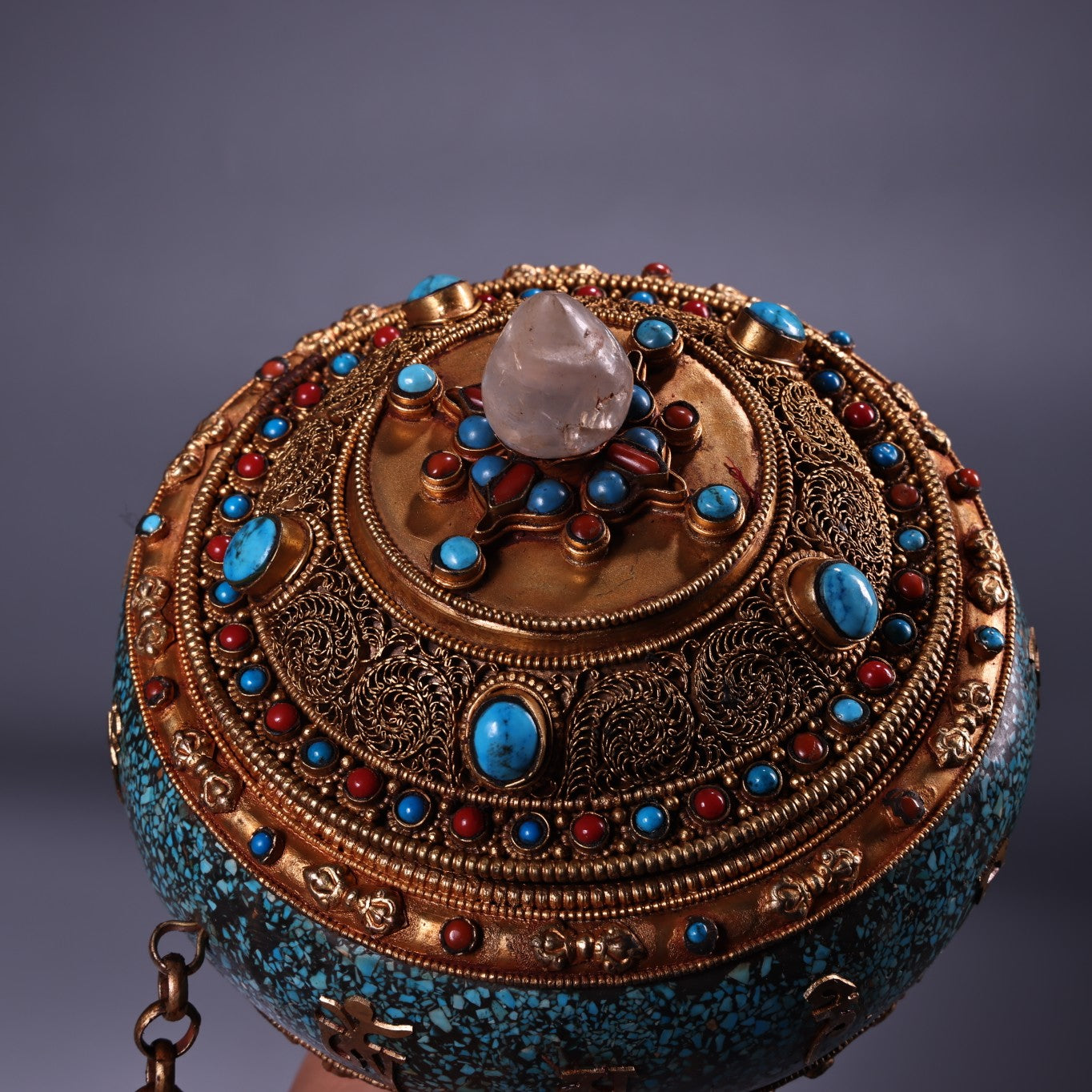 A0532 Tibetan Buddhism Gold Wires Inlay Crystal & Turquoise Prayer Wheel