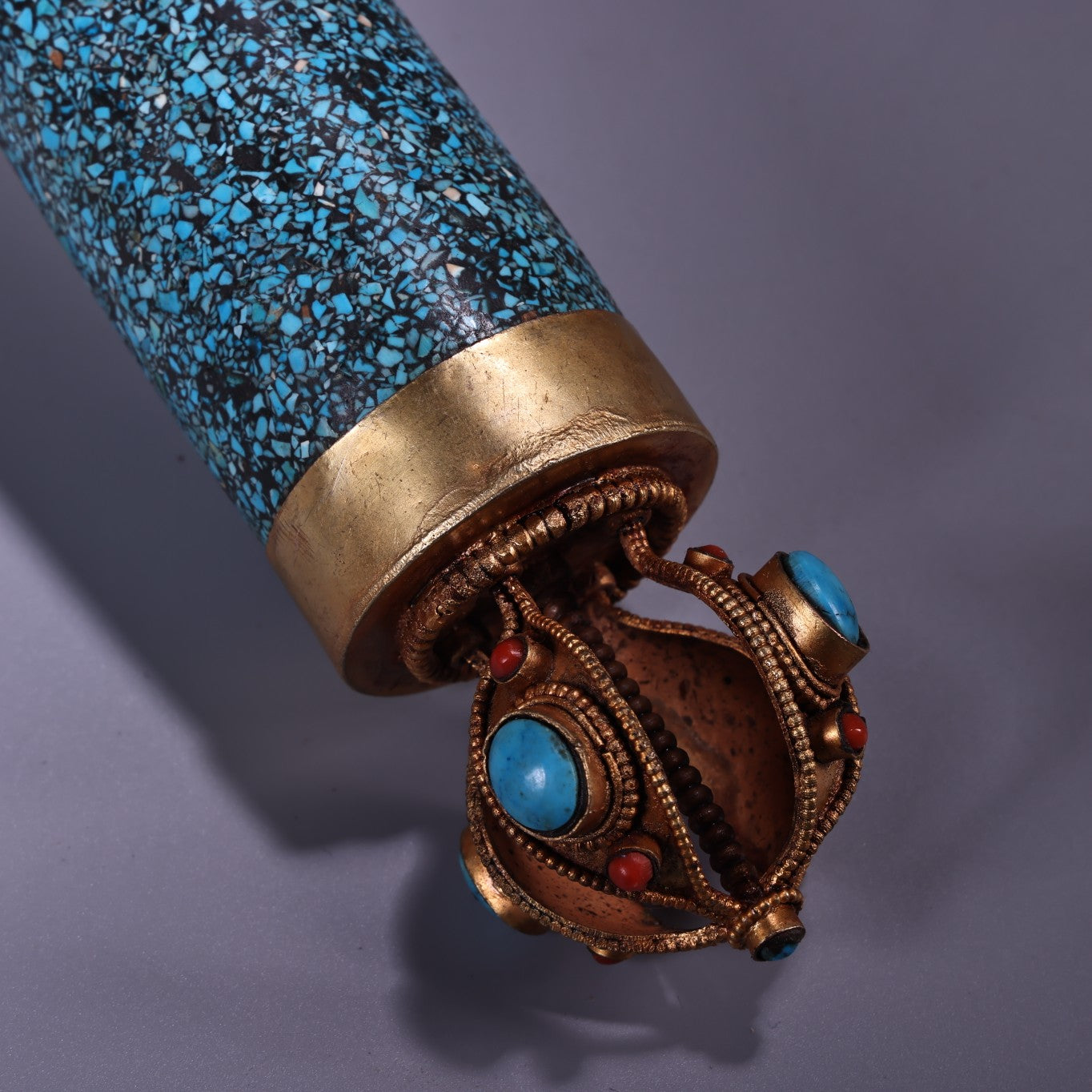 A0532 Tibetan Buddhism Gold Wires Inlay Crystal & Turquoise Prayer Wheel