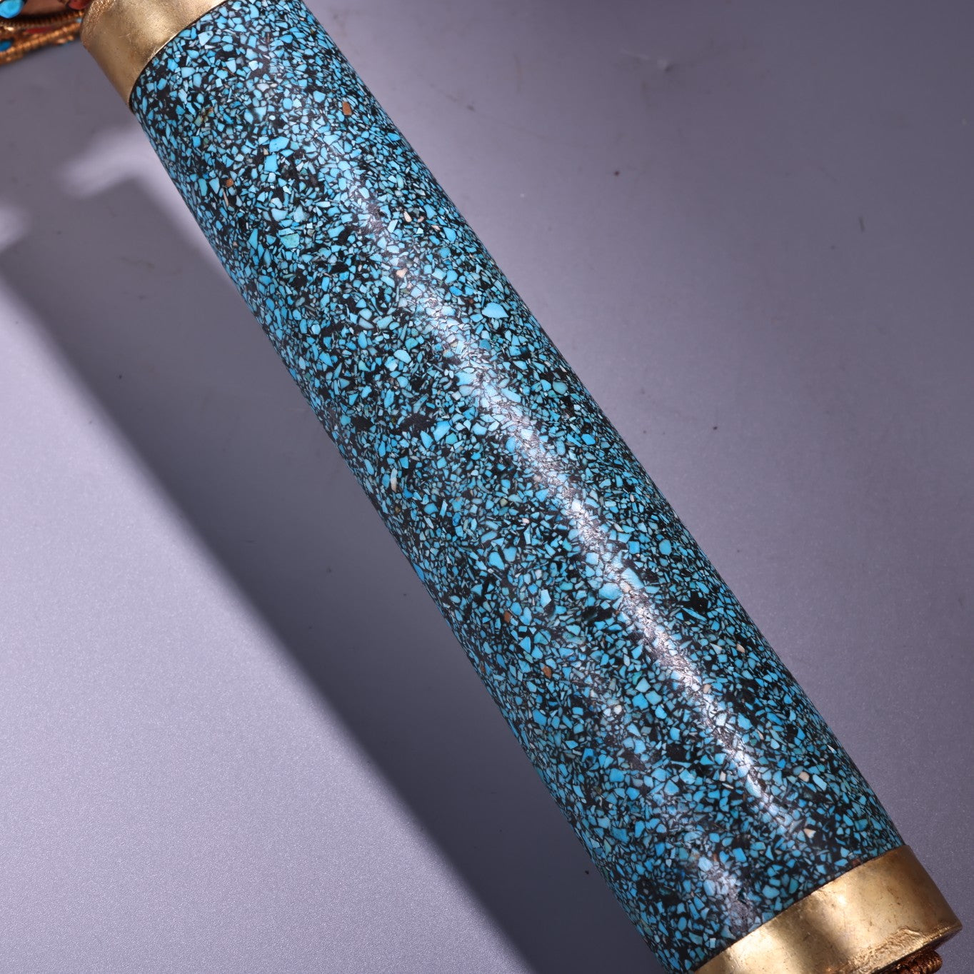 A0532 Tibetan Buddhism Gold Wires Inlay Crystal & Turquoise Prayer Wheel