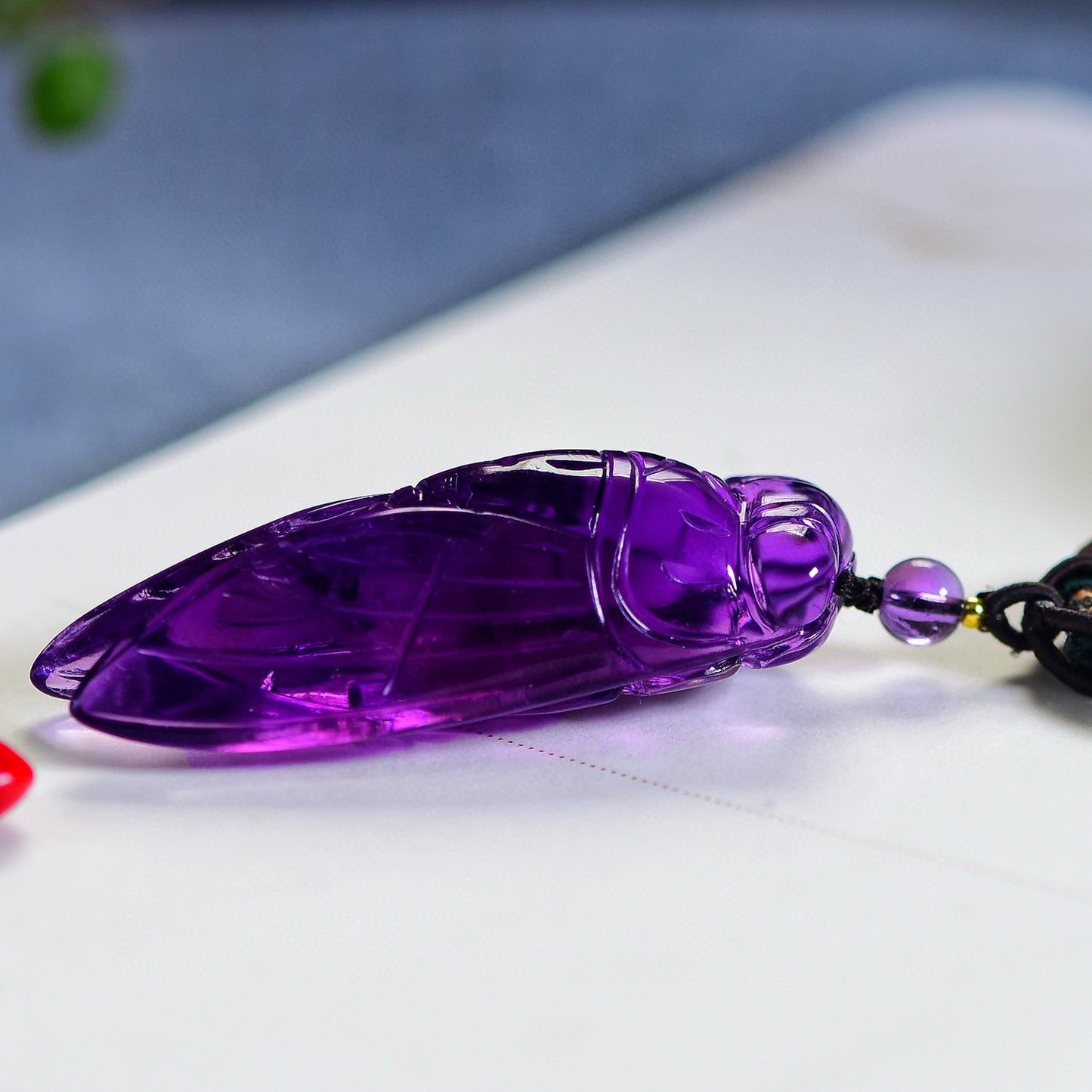 A0533 Beautiful Amethyst Carved Fortune Cicada Pendant