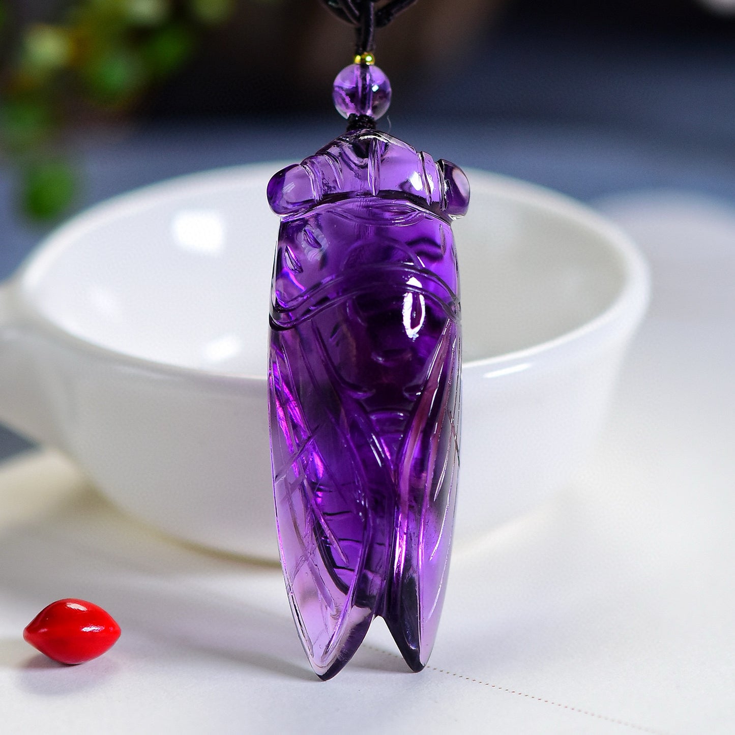 A0533 Beautiful Amethyst Carved Fortune Cicada Pendant