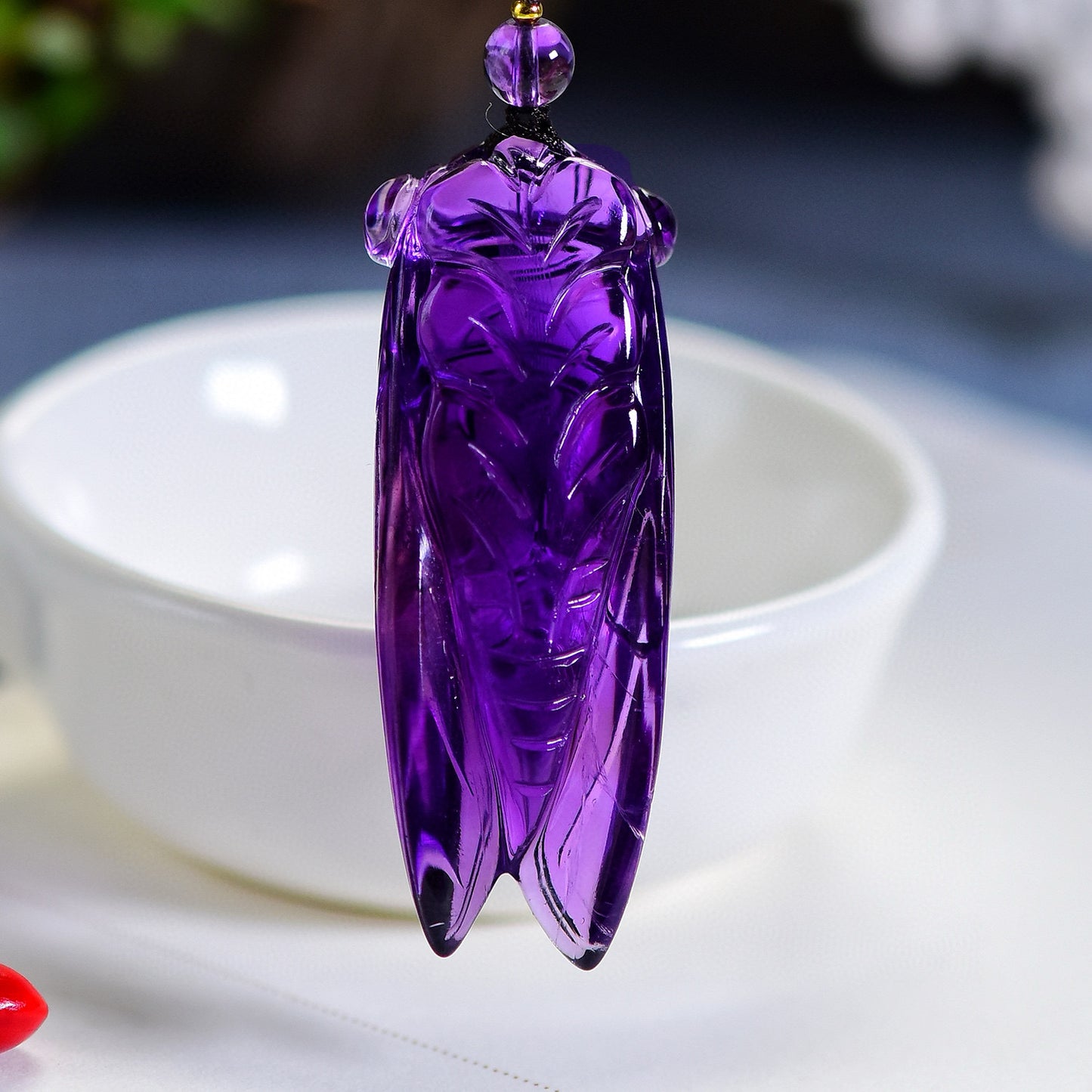 A0533 Beautiful Amethyst Carved Fortune Cicada Pendant