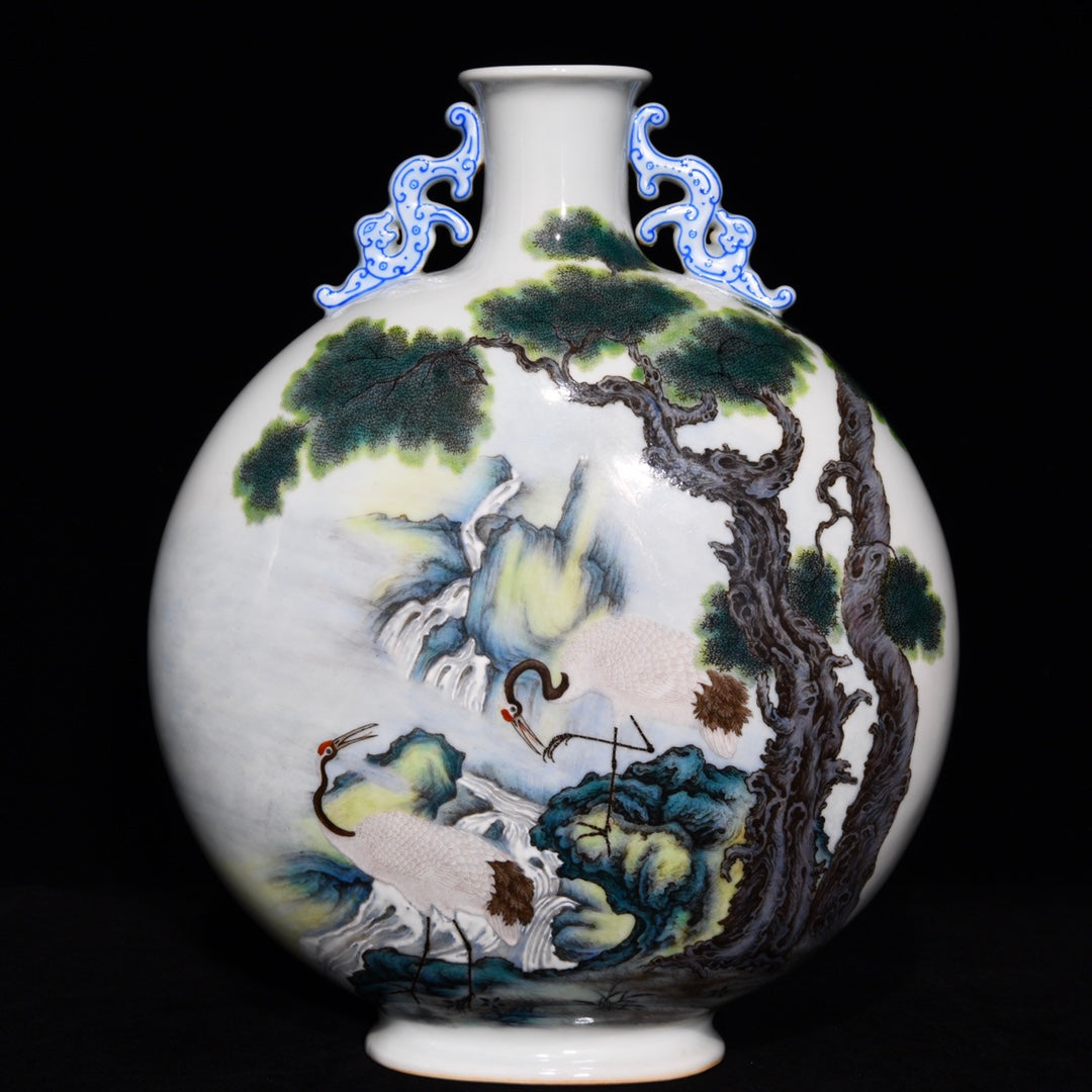 A0537 Chinese Famille Rose Pine Tree & Crane Design Double Ears Porcelain Vase