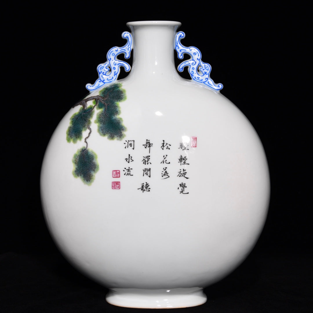 A0537 Chinese Famille Rose Pine Tree & Crane Design Double Ears Porcelain Vase