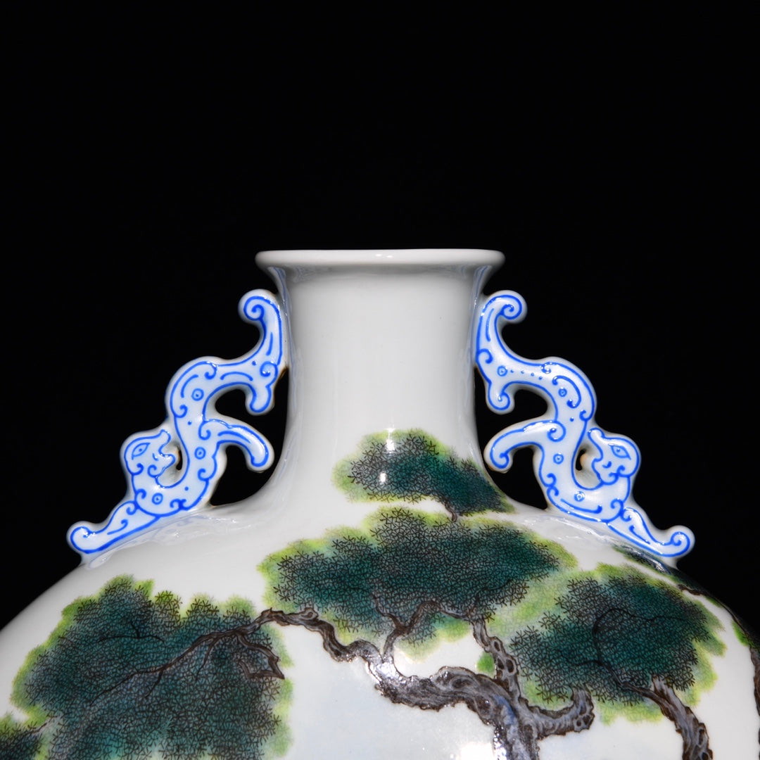 A0537 Chinese Famille Rose Pine Tree & Crane Design Double Ears Porcelain Vase
