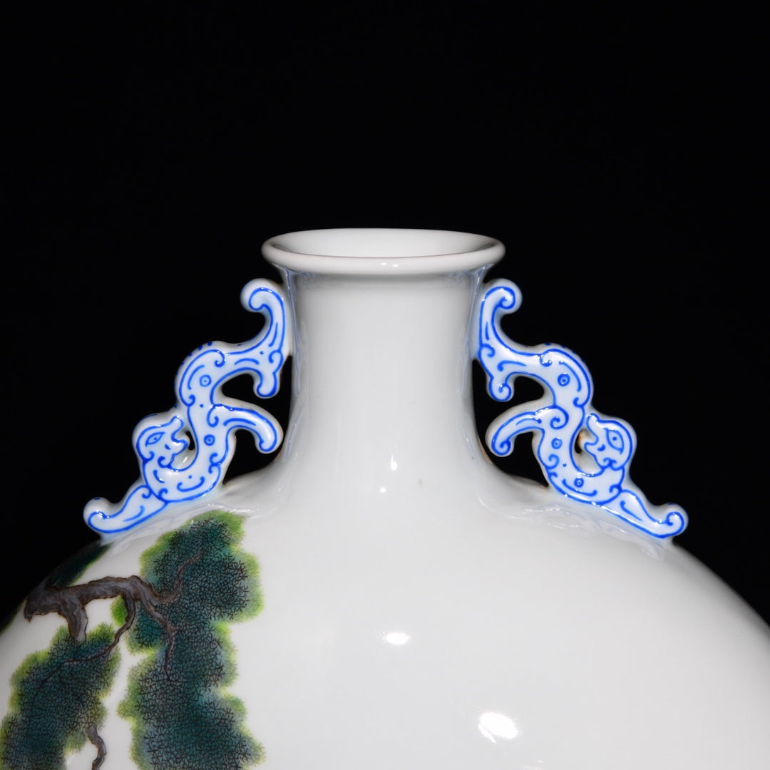A0537 Chinese Famille Rose Pine Tree & Crane Design Double Ears Porcelain Vase
