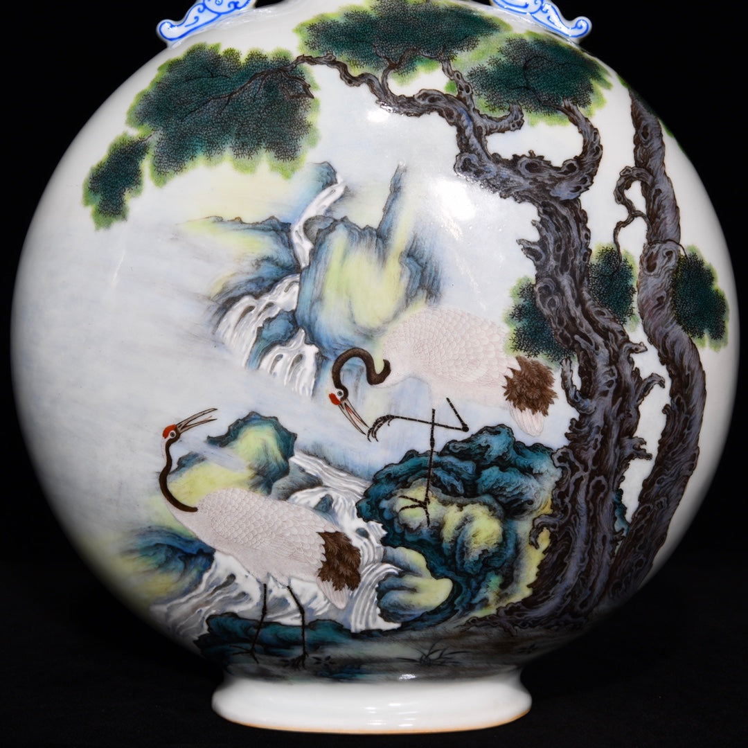 A0537 Chinese Famille Rose Pine Tree & Crane Design Double Ears Porcelain Vase