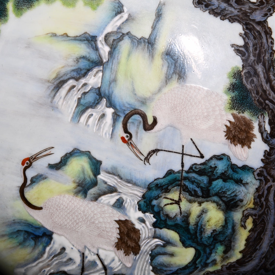 A0537 Chinese Famille Rose Pine Tree & Crane Design Double Ears Porcelain Vase