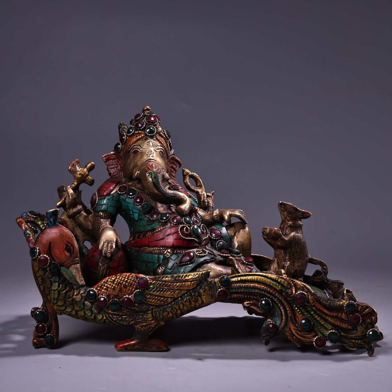 A0538 Tibetan Buddhism Gilte Gold Copper Inlay Turquoise & Gems Ganesha Buddha Statue