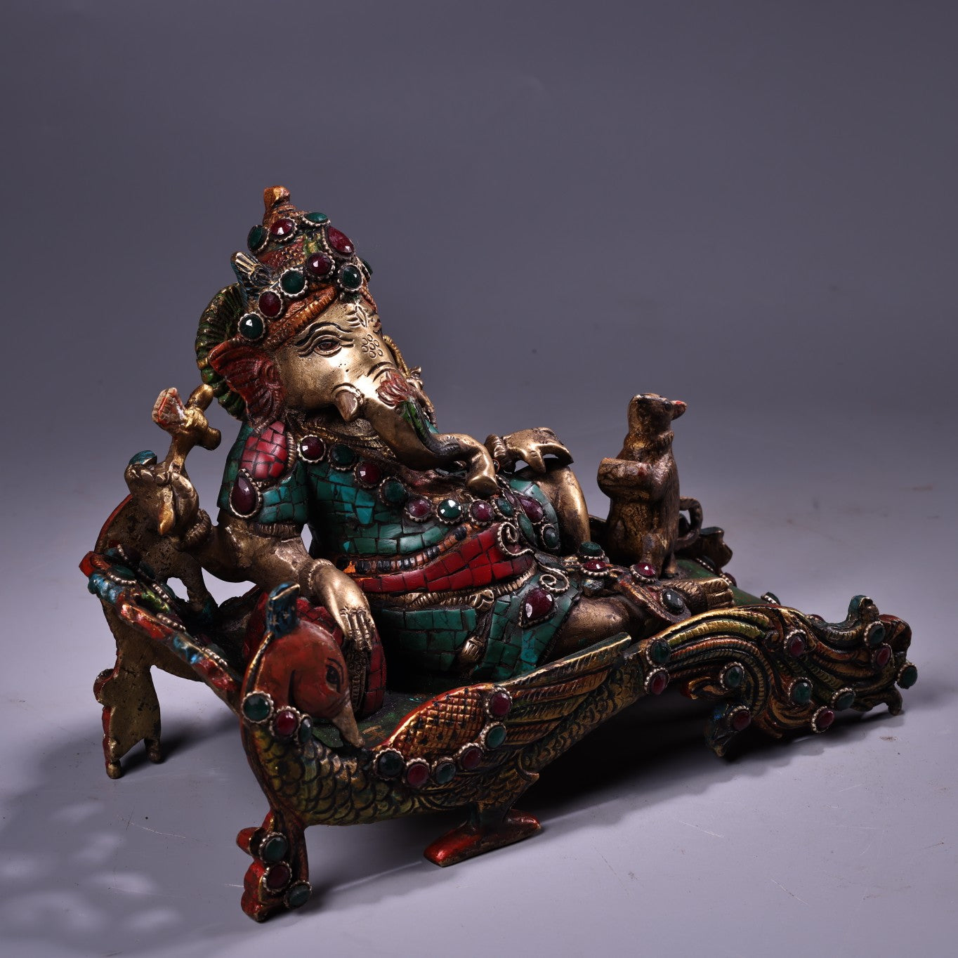 A0538 Tibetan Buddhism Gilte Gold Copper Inlay Turquoise & Gems Ganesha Buddha Statue