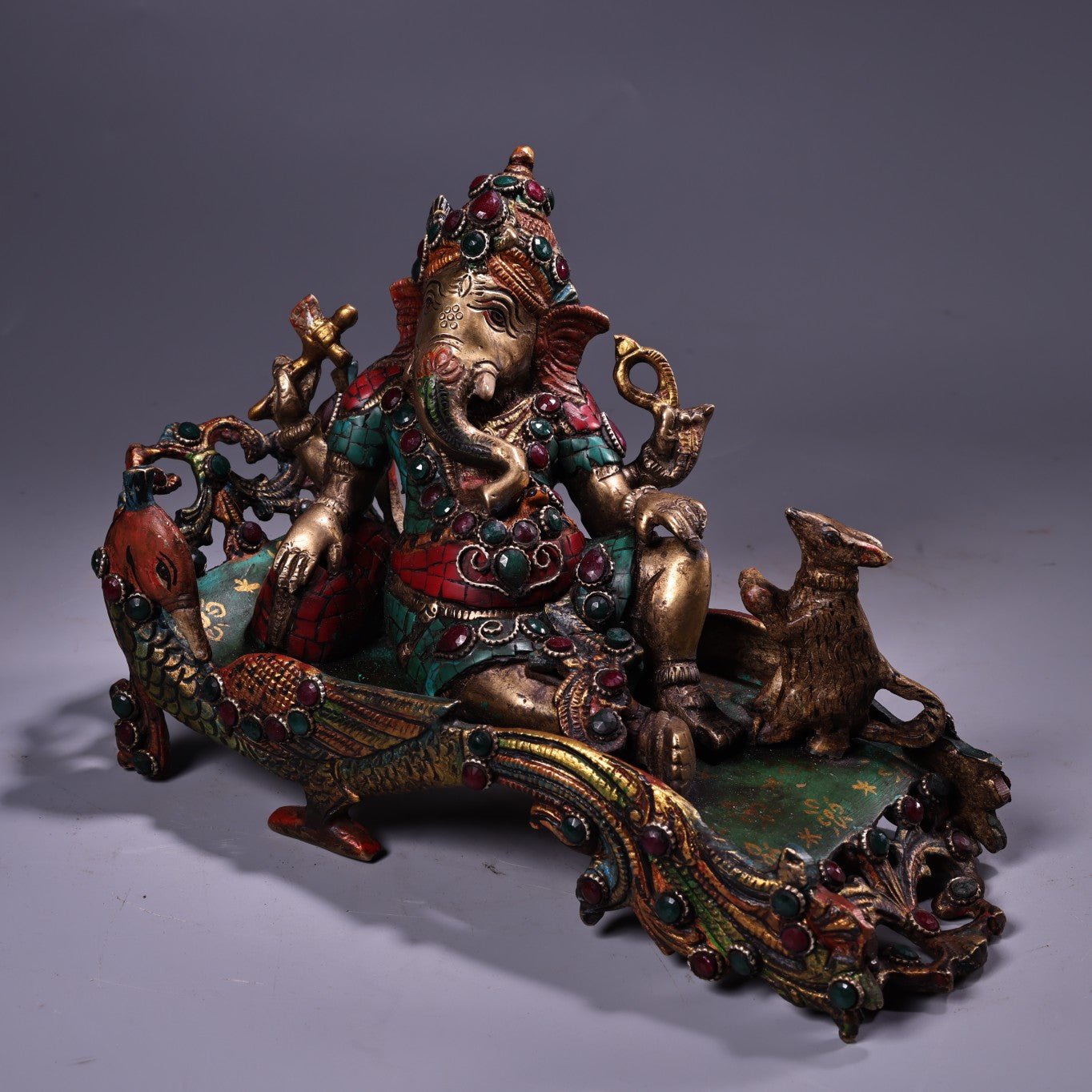 A0538 Tibetan Buddhism Gilte Gold Copper Inlay Turquoise & Gems Ganesha Buddha Statue