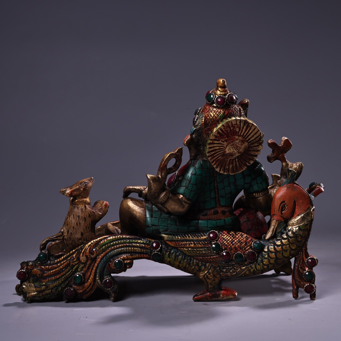 A0538 Tibetan Buddhism Gilte Gold Copper Inlay Turquoise & Gems Ganesha Buddha Statue