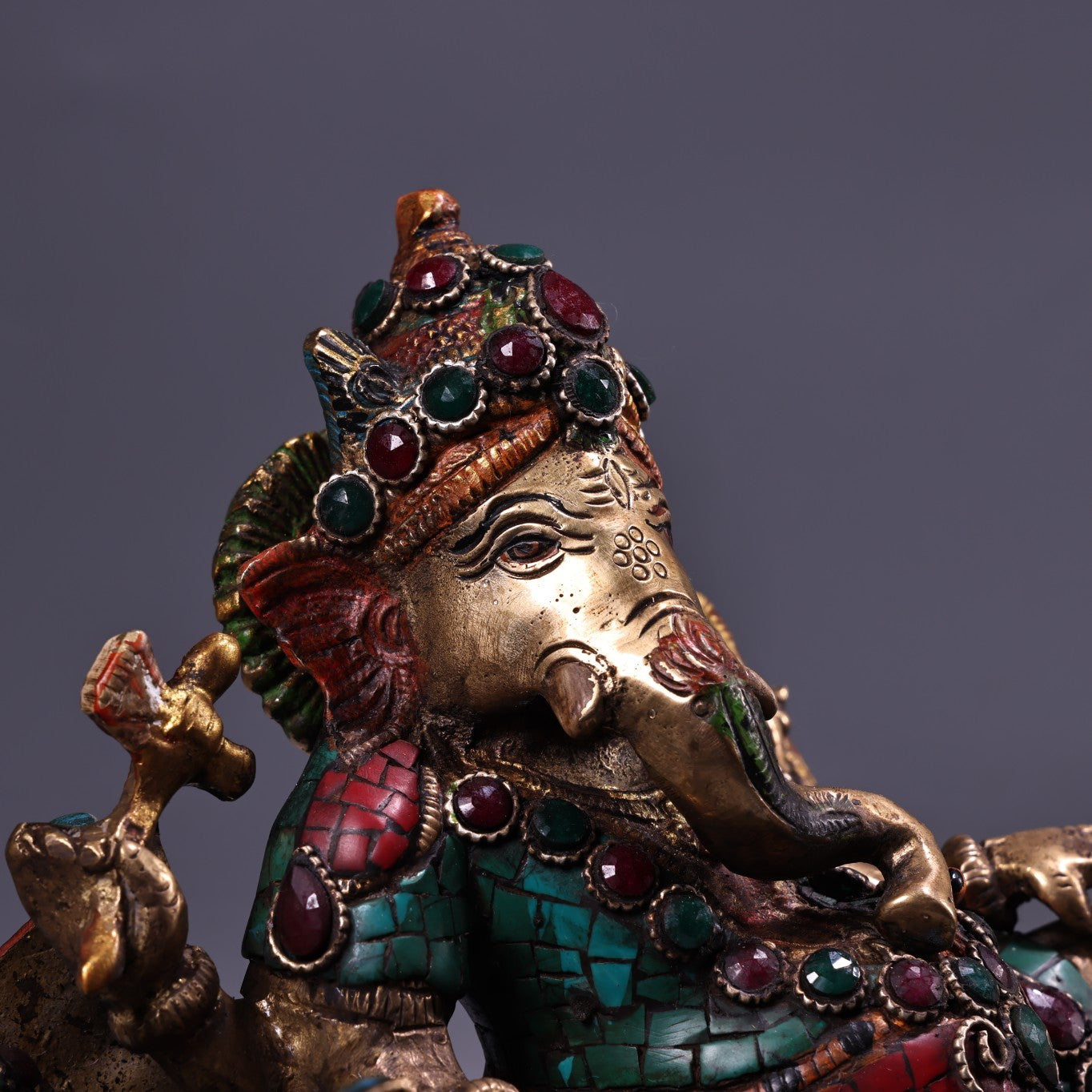 A0538 Tibetan Buddhism Gilte Gold Copper Inlay Turquoise & Gems Ganesha Buddha Statue