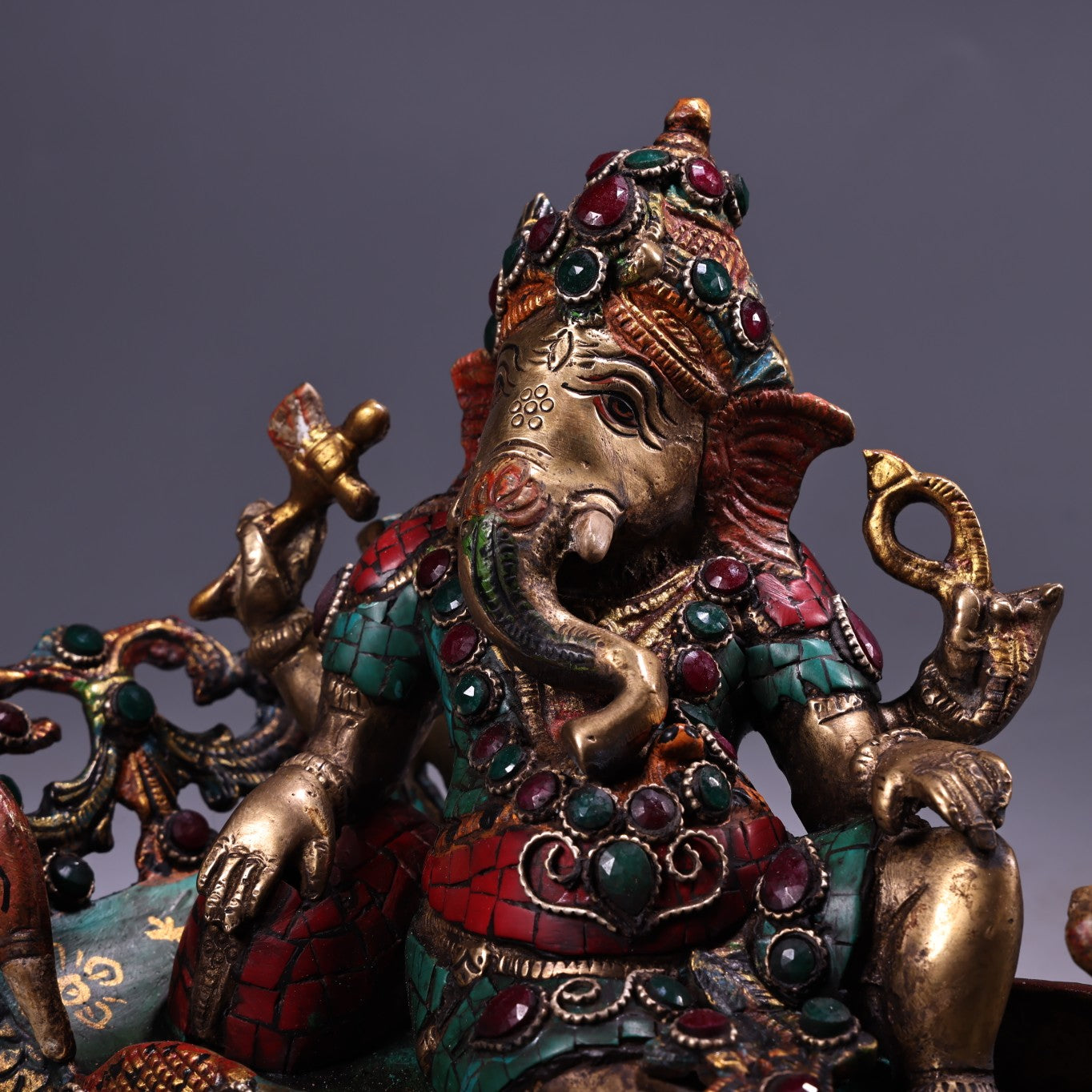 A0538 Tibetan Buddhism Gilte Gold Copper Inlay Turquoise & Gems Ganesha Buddha Statue