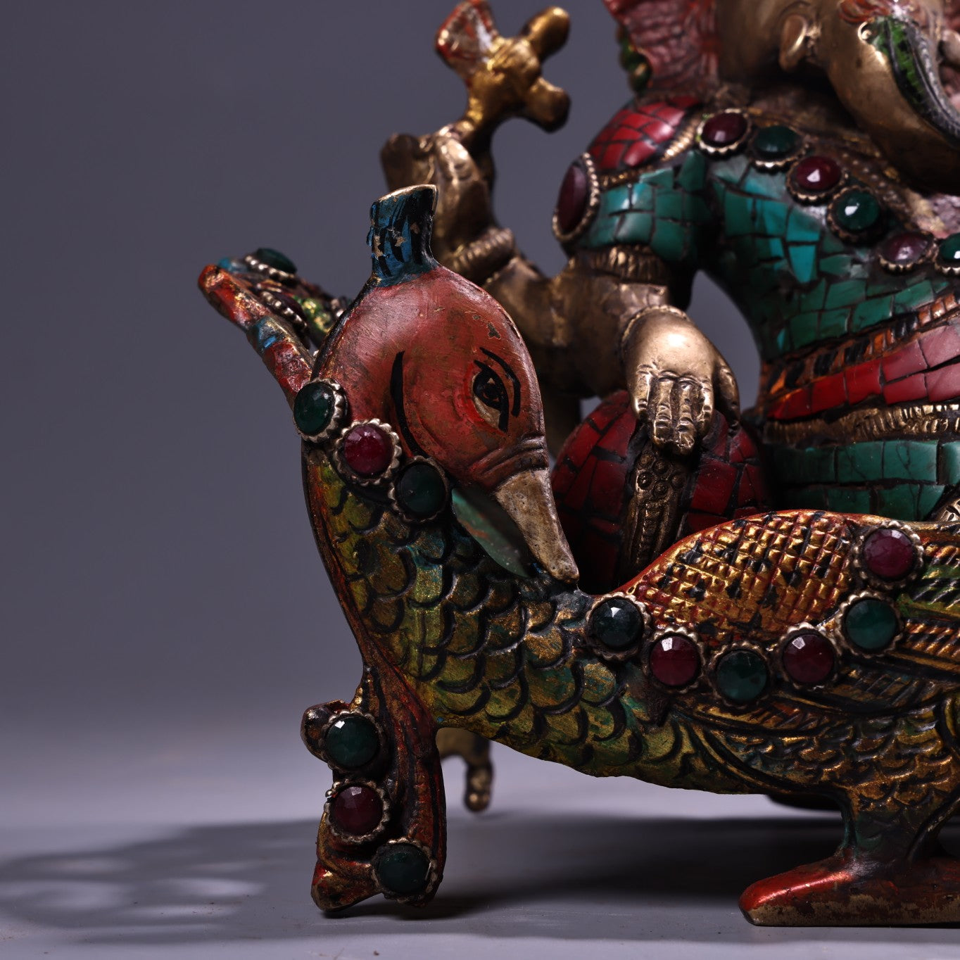A0538 Tibetan Buddhism Gilte Gold Copper Inlay Turquoise & Gems Ganesha Buddha Statue