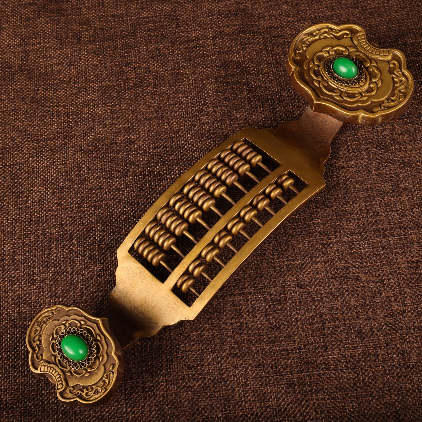 A0541 Vintage Chinese Gilt Gold Copper Inlay Green Jade Abacus