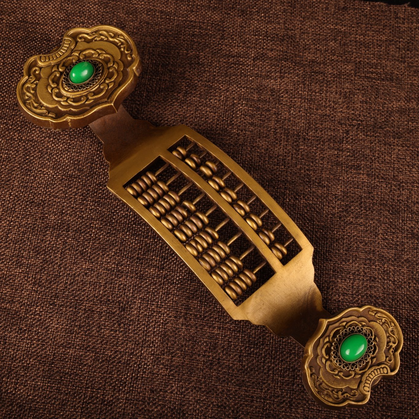 A0541 Vintage Chinese Gilt Gold Copper Inlay Green Jade Abacus