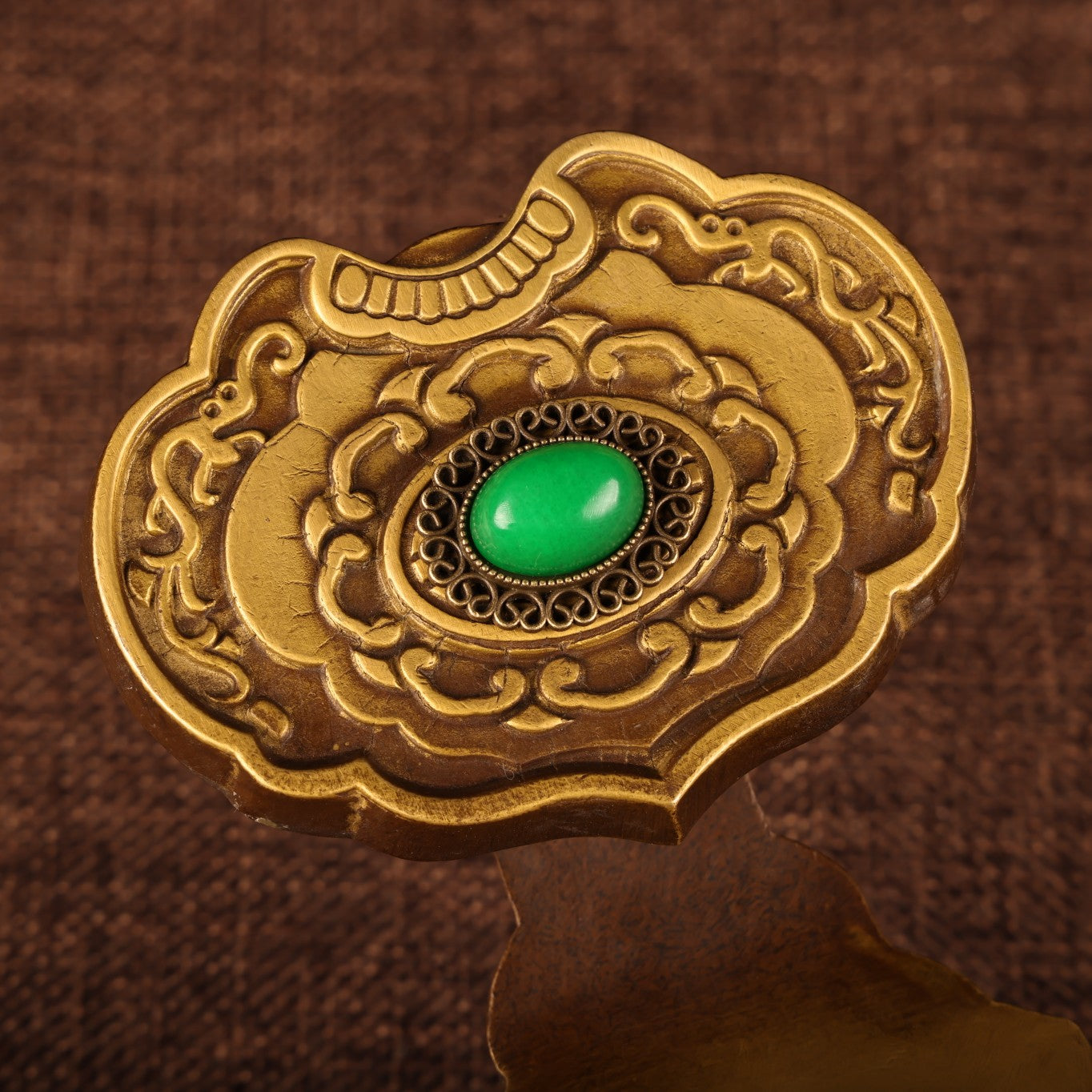A0541 Vintage Chinese Gilt Gold Copper Inlay Green Jade Abacus