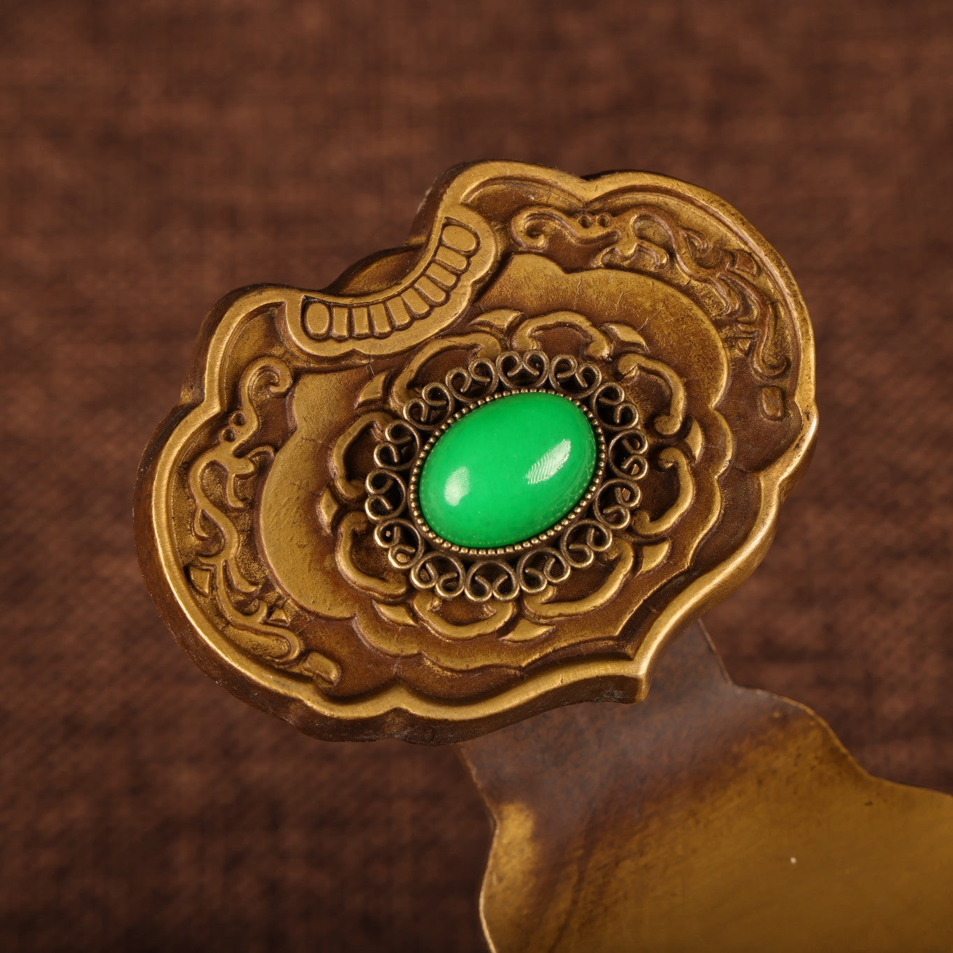 A0541 Vintage Chinese Gilt Gold Copper Inlay Green Jade Abacus