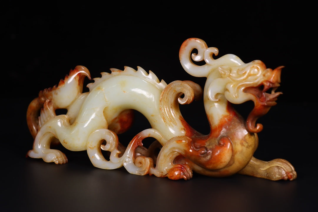 A0545 Superb Vintage Chinese Hetian Jade Carved Fortune Dragon Statue